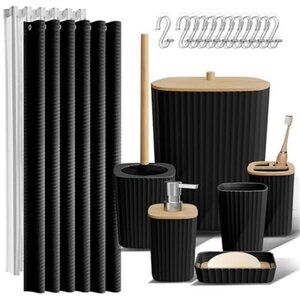 Black Bathroom Accessories Set Shower Curtain Trash Can Soap Dispenser 20 Piece